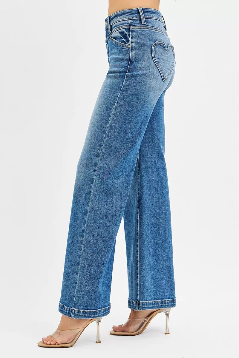 Risen High Rise Front Yoke Wide Leg Jeans w/ Heart Pockets