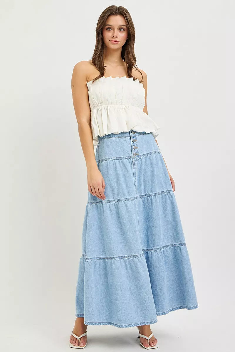 Risen Tiered Denim Maxi Skirt - Light Wash