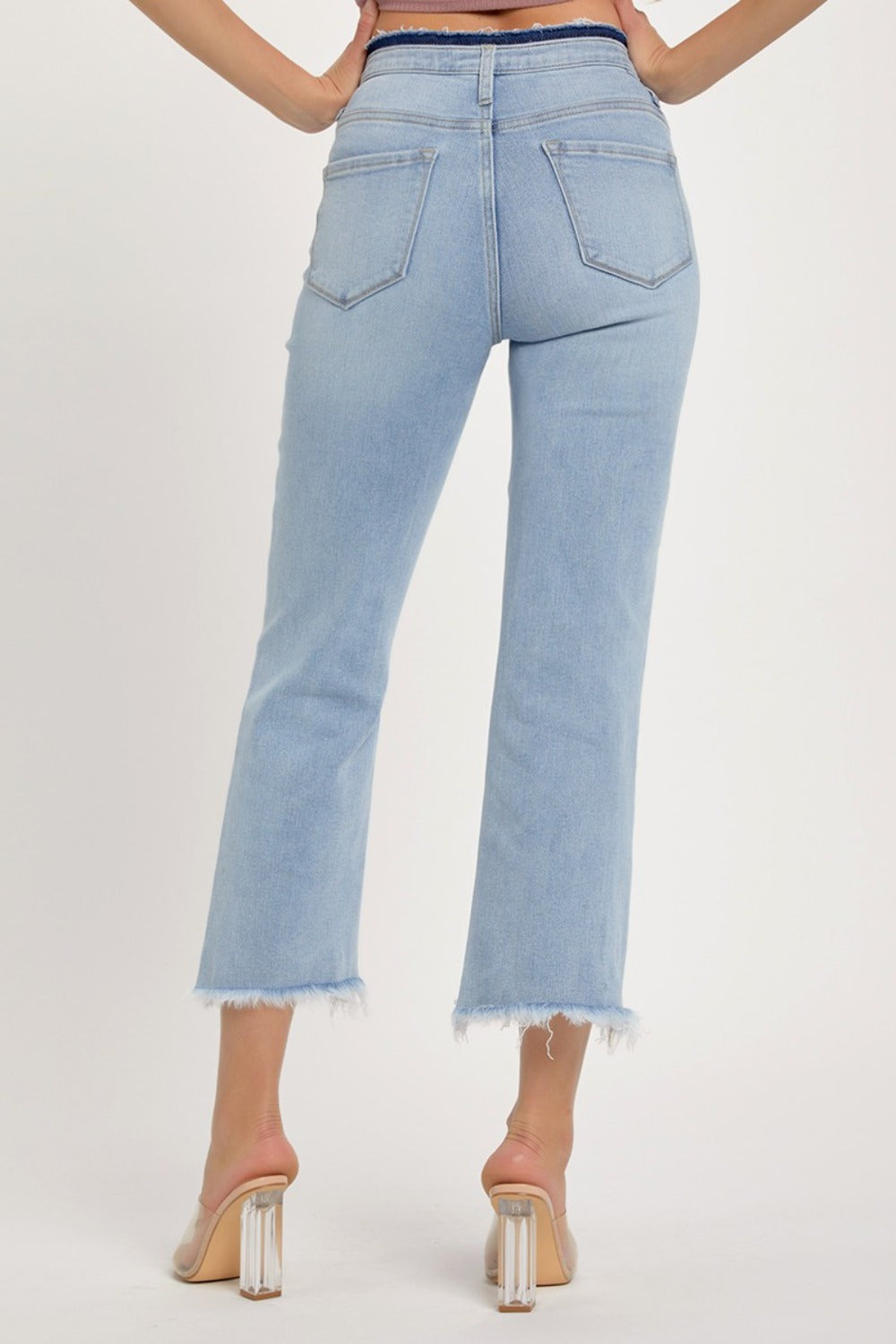 RISEN High Rise Raw Edge Crop Flare Jeans