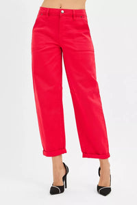 Risen High Rise Ankle Cuffed Barrel Pants in Scarlet Red