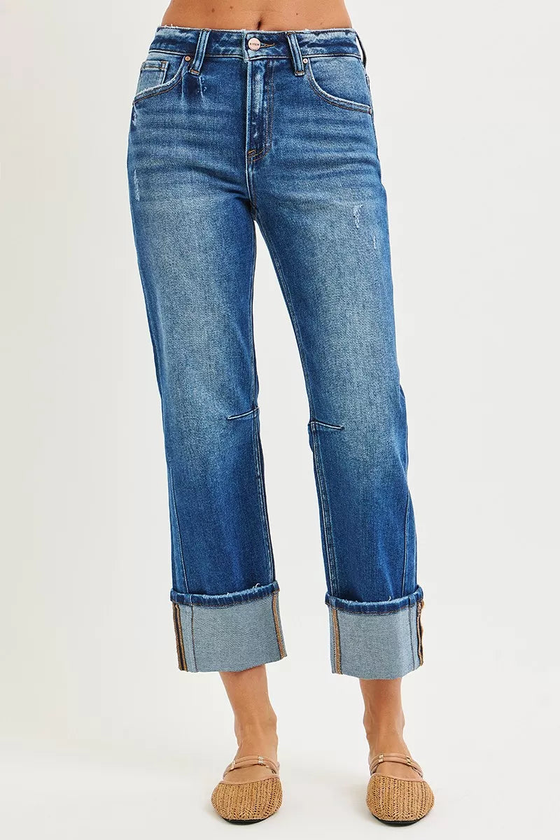 Risen High Rise Straight Cuffed Seam Detail Jeans 
