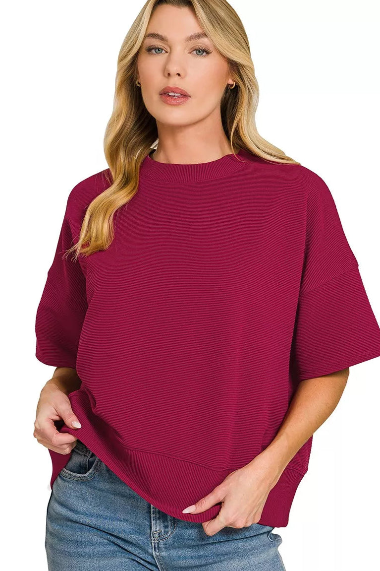 Zenana Ribbed Round Neck Banded Top in Cabernet
