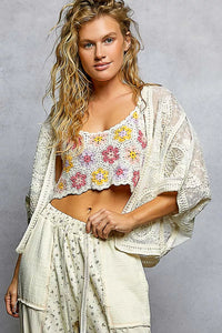 POL Open Front Crochet Cardigan with Floral Embroidery