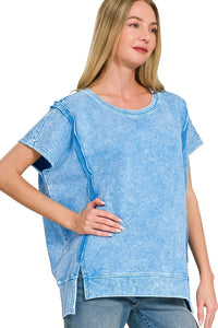 Zenana French Terry Halo Snow Washed Oversized Hi-Low Top in Ocean Blue