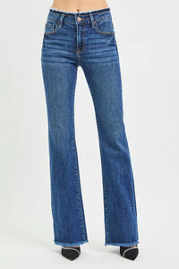 Risen Mid Rise Frayed Waistband Bootcut Jeans