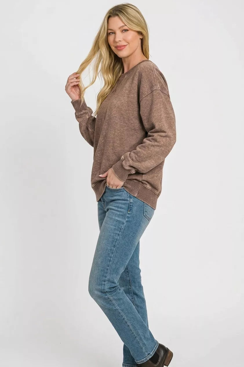 Zenana Fleece Enzyme Washed Round Neck Sweatshirt