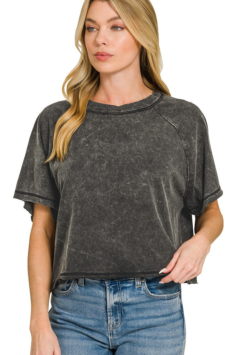 Zenana Acid Washed Round Neck Crop Tee in Ash Black