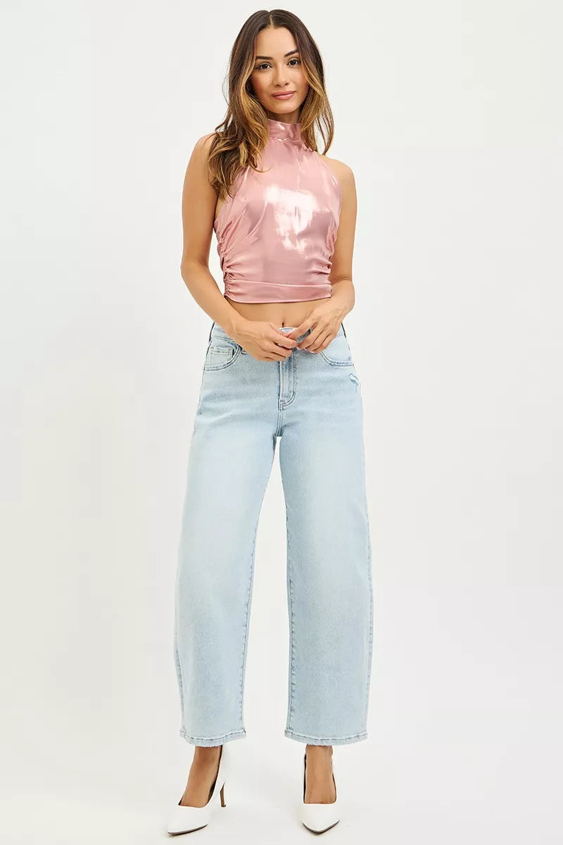 Risen High Rise Light Wash Crop Barrel Jeans