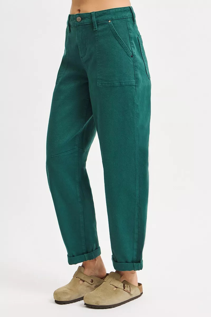 Risen High Rise Hunter Green Ankle Cuffed Barrel Pants