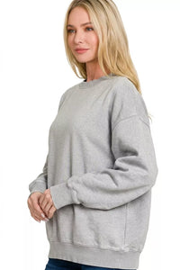 Zenana Fleece Enzyme Washed Round Neck Sweatshirt in Sleet