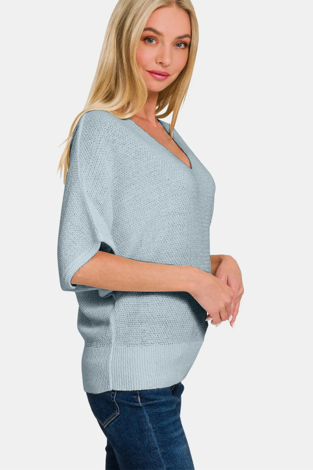Zenana Daylight Sky V-Neck Short Sleeve Dolman Sweater