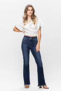 Judy Blue High Rise Double Button Frayed Hem Bootcut Jeans