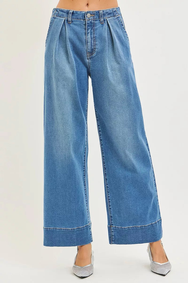 Risen High Rise Pleated Wide Leg Jeans PW21545
