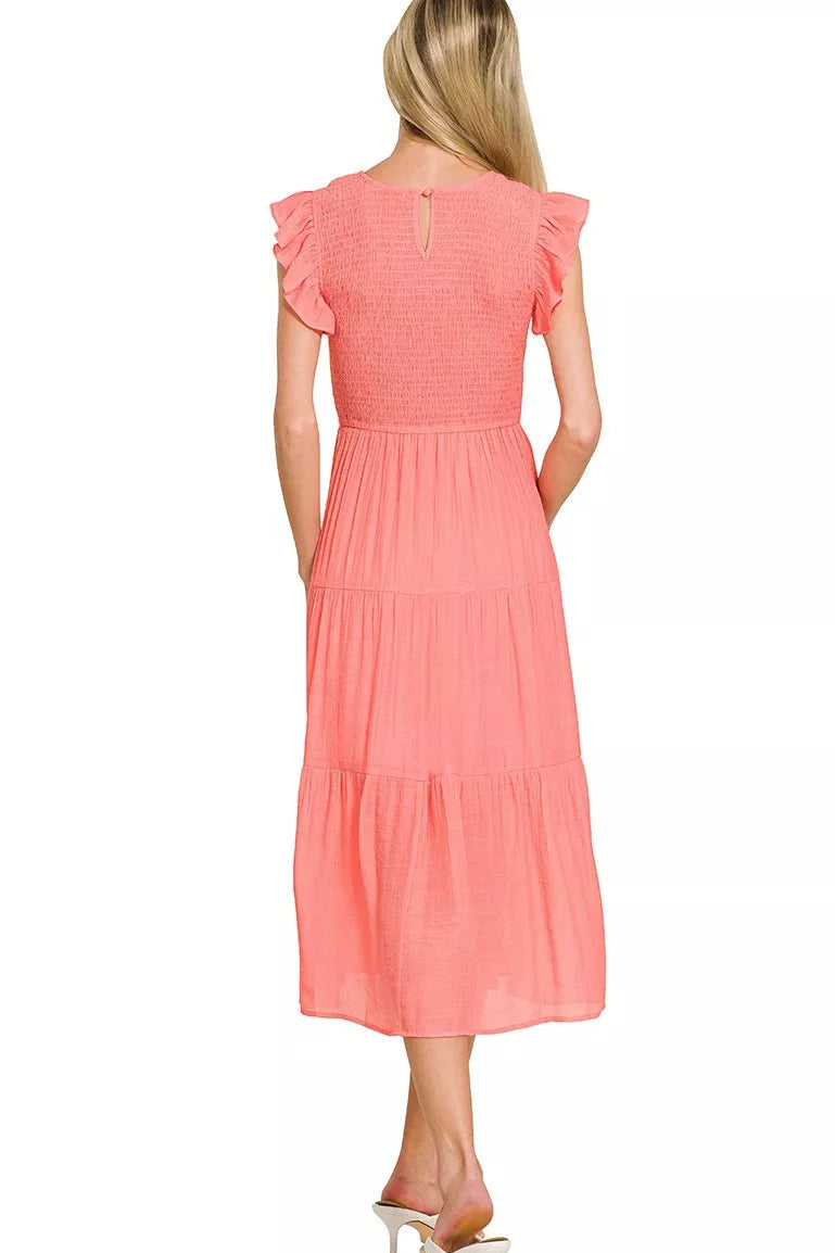 Woven Smocked Ruffle Sleeve Midi Dress in Coral