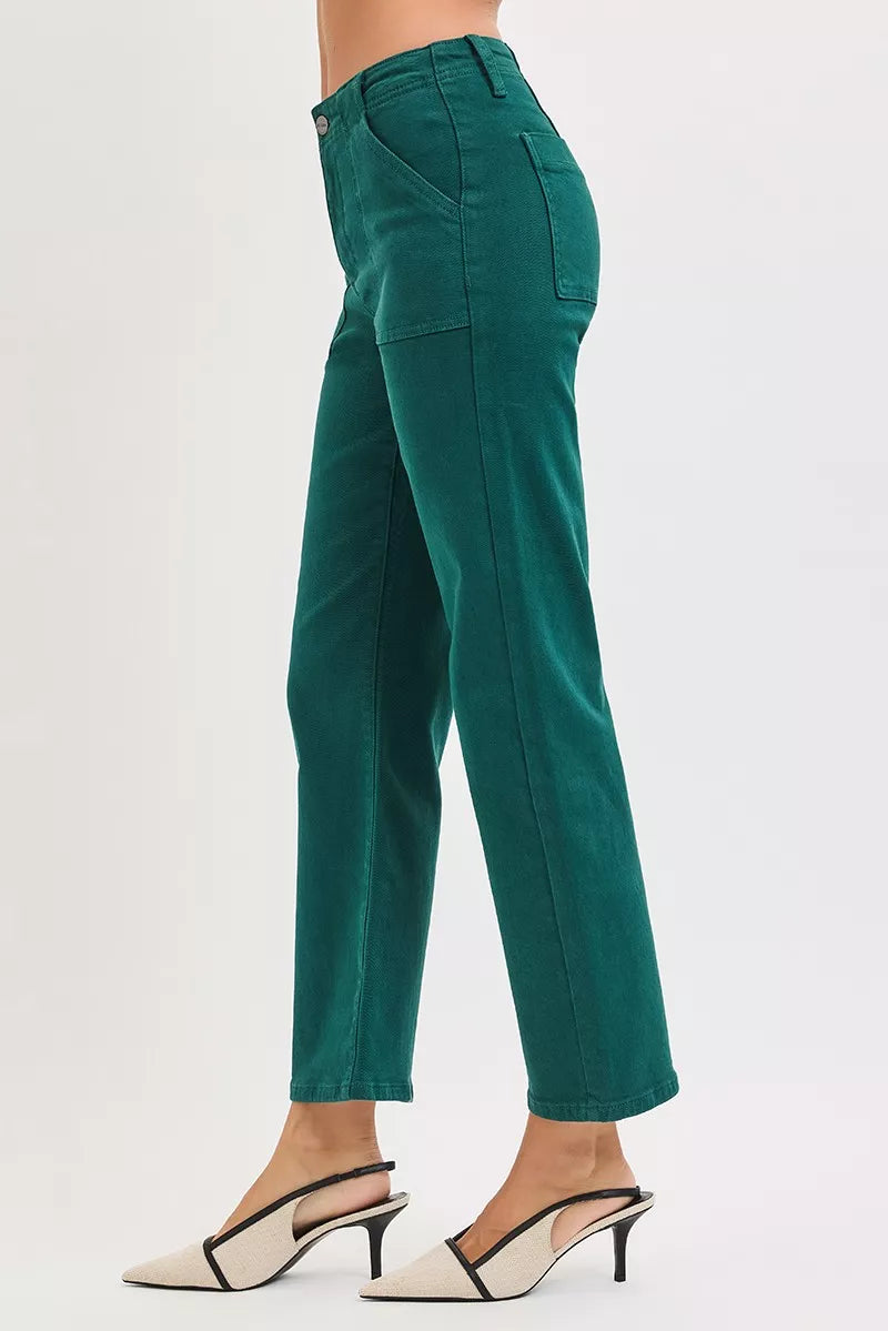 Risen High Rise Ankle Flare Patch Pocket Jeans in Hunter Green