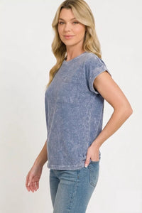 Halo Washed Cotton Cuffed Short Sleeve Top in Navy