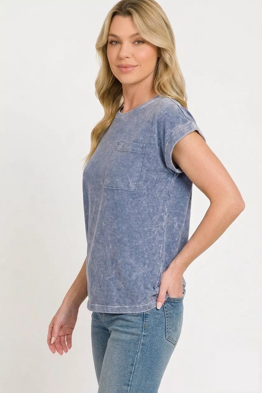 Halo Washed Cotton Cuffed Short Sleeve Top in Navy