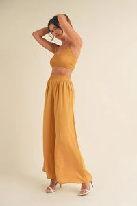 Mable Smocked Bralette Crop Top and Wide Leg Pants Set in Gold Mustard