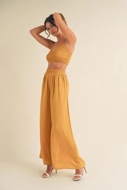 Mable Smocked Bralette Crop Top and Wide Leg Pants Set in Gold Mustard