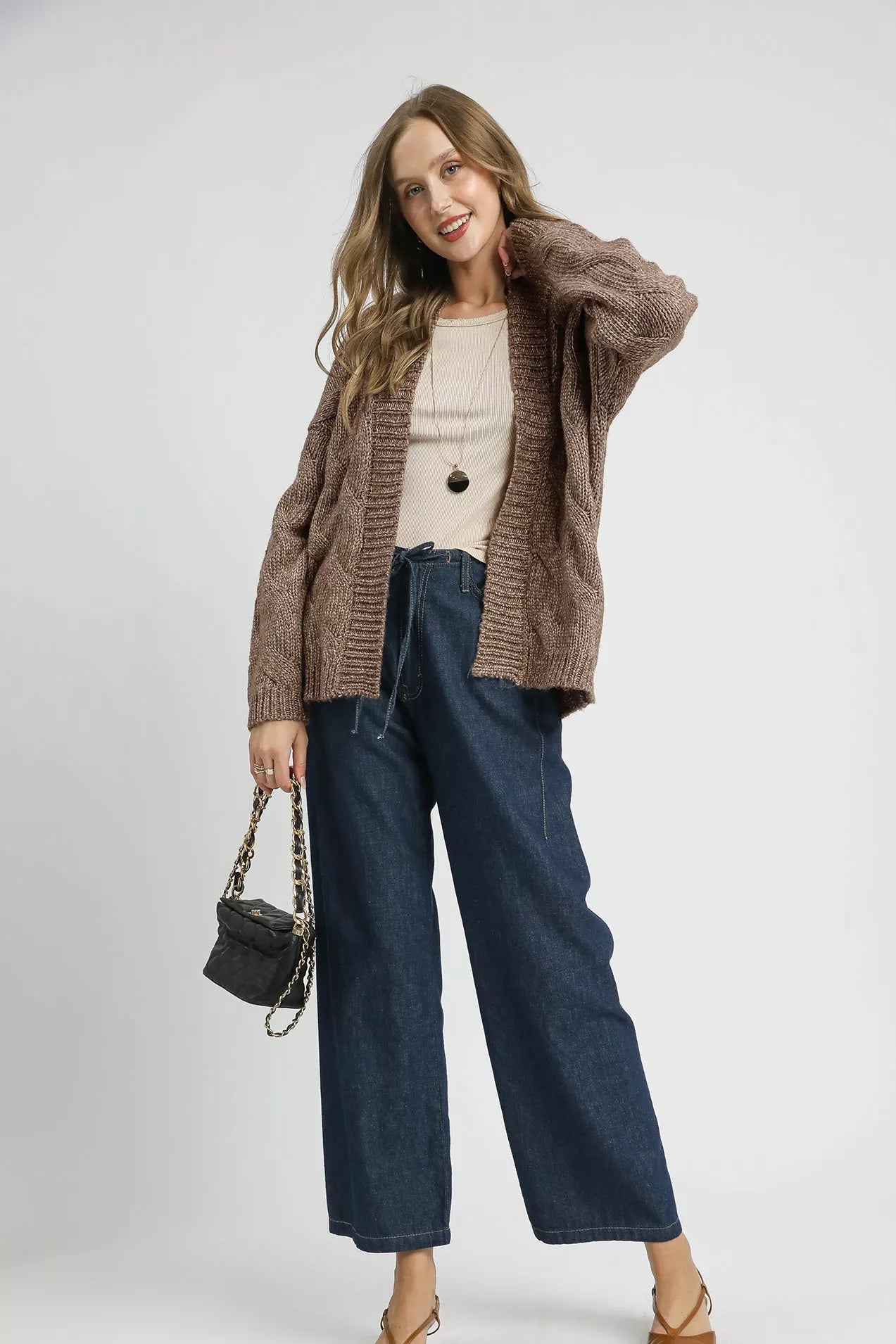 Chunky Cable Knit Open Front Cardigan in Mocha