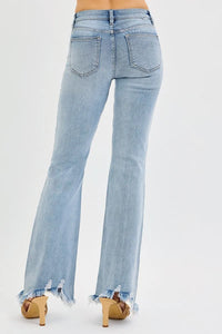 Risen Mid Rise Tummy Control Frayed Hem Flare Jeans