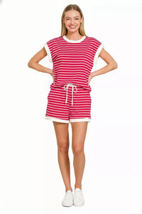 Zenana Stripe Contrast Trim Top & Shorts Set in Ruby Red