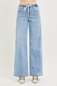 Risen High Rise Slouchy Wide Leg Jeans with Drawstring PW21423