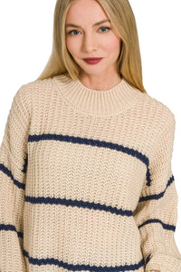 Zenana Oversize Striped Sweater in Taupe