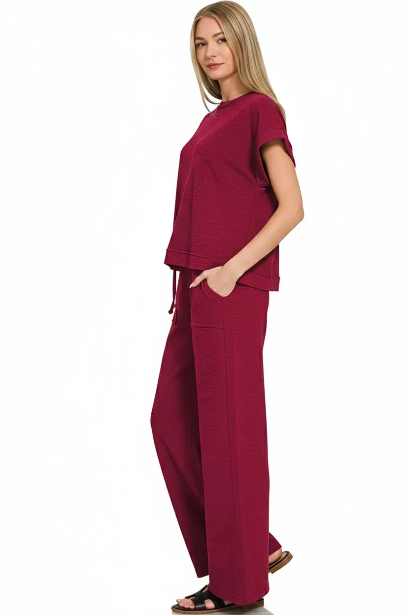Cotton Slub Short Sleeve Tee and Pants Set in Cabernet