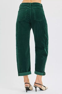 Risen High Rise Crop Barrel Corduroy Pants in Hunter Green