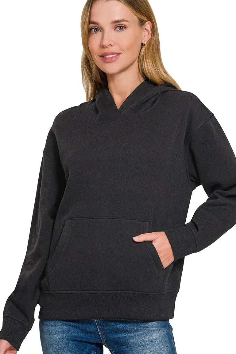Zenana Fleece Kangaroo Pocket Hoodie in Black