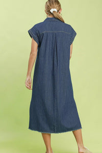 Umgee Pinstripe Denim Collared Midi Dress with Side Slits - Dark Denim