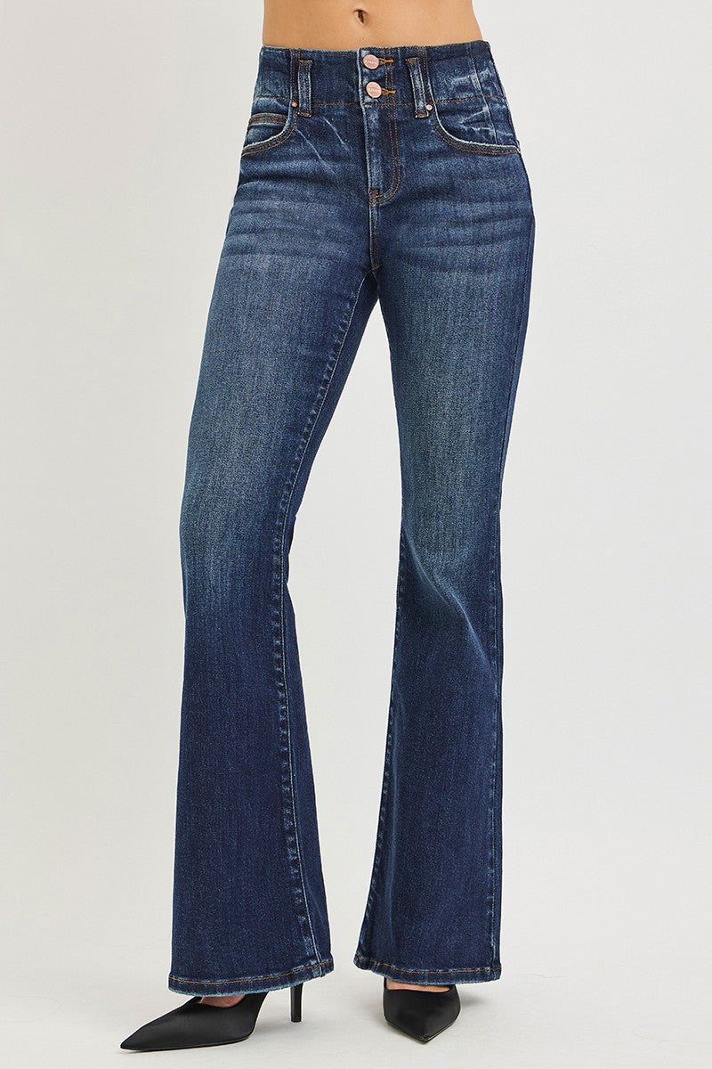 Risen High Rise Flare Jeans With Seam Detail Waistband