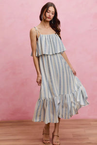 So Me Nautical Stripe Tiered Shoulder Tie Midi Dress