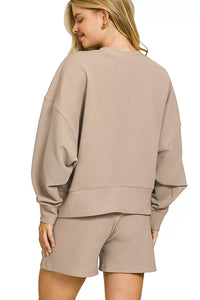 Ribbed Round Neck Pullover and Shorts Set in Ash Mocha