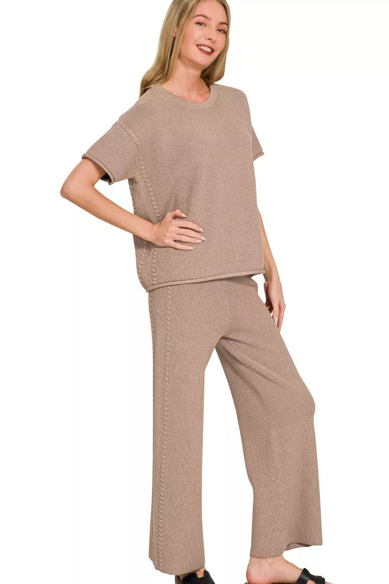 Zenana Sweater Knit Short Sleeve Top & Pants Set in Cocoa