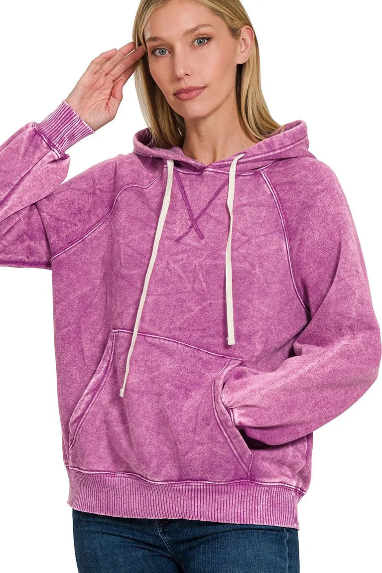 Zenana Acid Wash Fleece Hoodie with Kangaroo Pocket in Light Plum