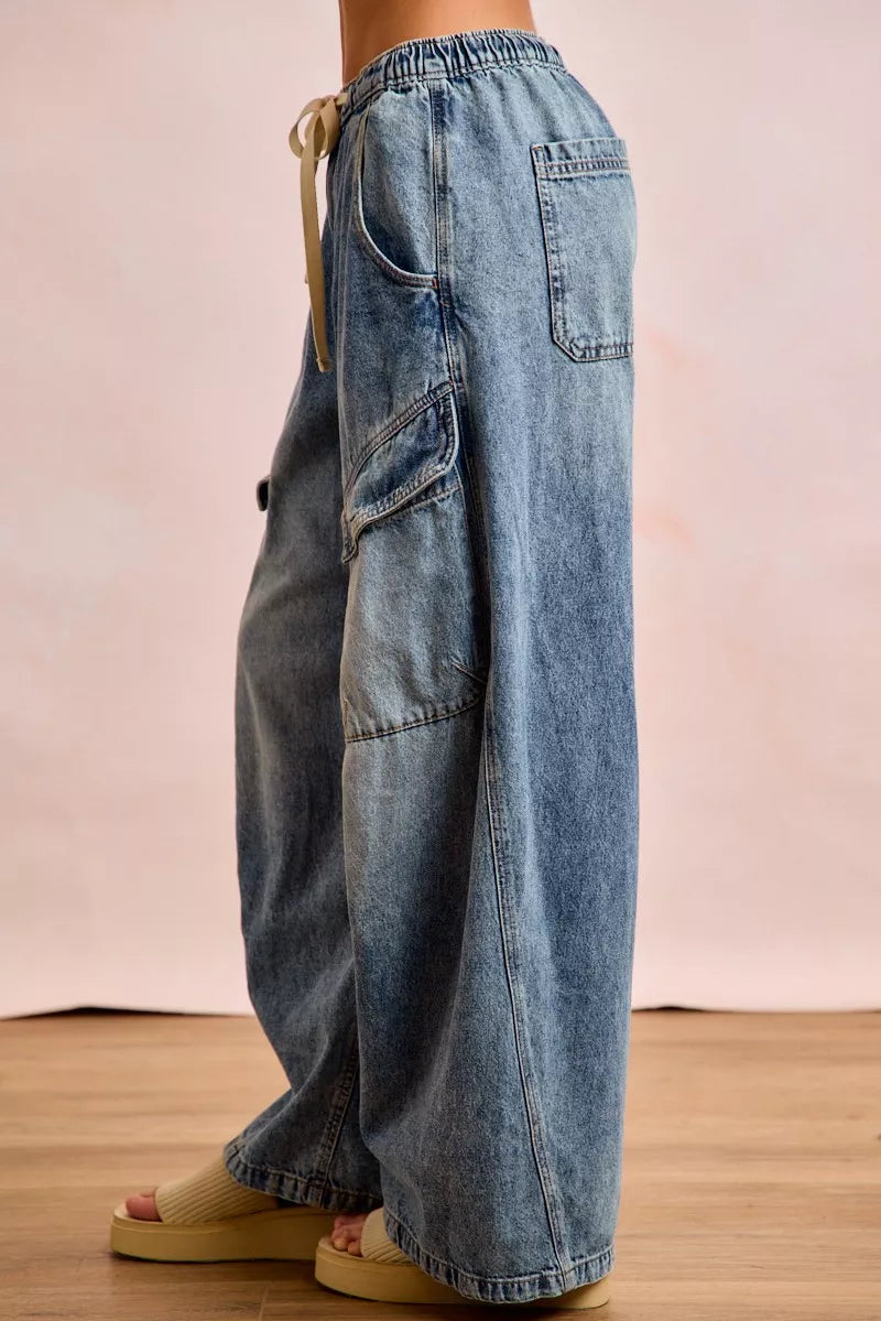 BiBi Baggy Barrel Jeans With Drawstring Waist and Cargo Pockets