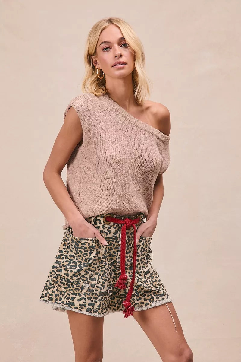 Bibi Leopard Print Shorts with Braided Waist Belt and Patch Pockets