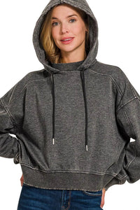 Acid Wash Ribbed Neckline Fleece Hoodie in Black