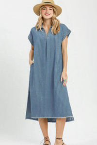 Umgee Pinstripe Denim Collared Midi Dress with Side Slits