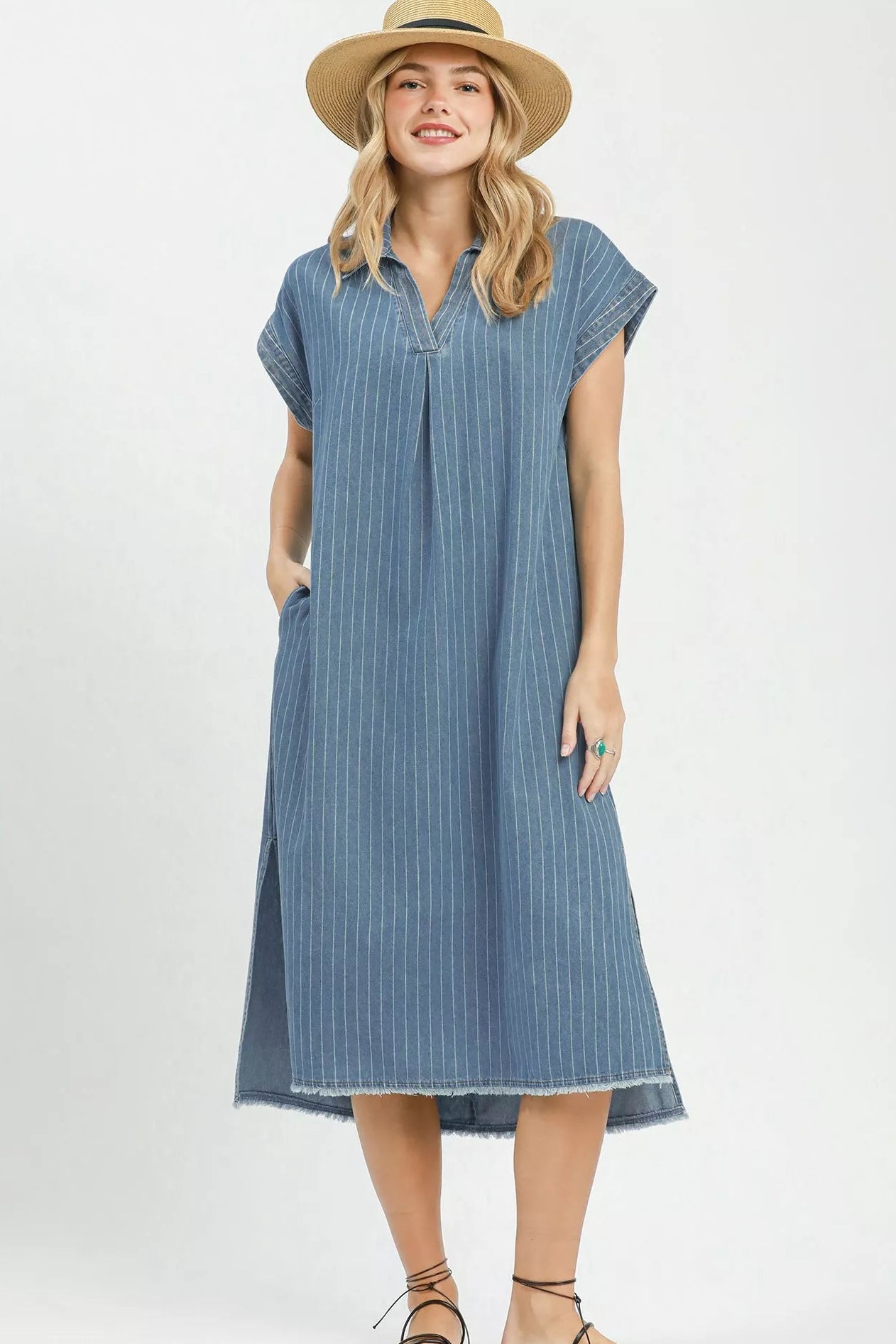 Umgee Pinstripe Denim Collared Midi Dress with Side Slits