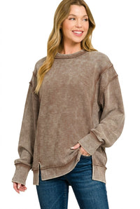 Zenana Acid Washed Double Ribbed Exposed Seam Sweatshirt in Brown