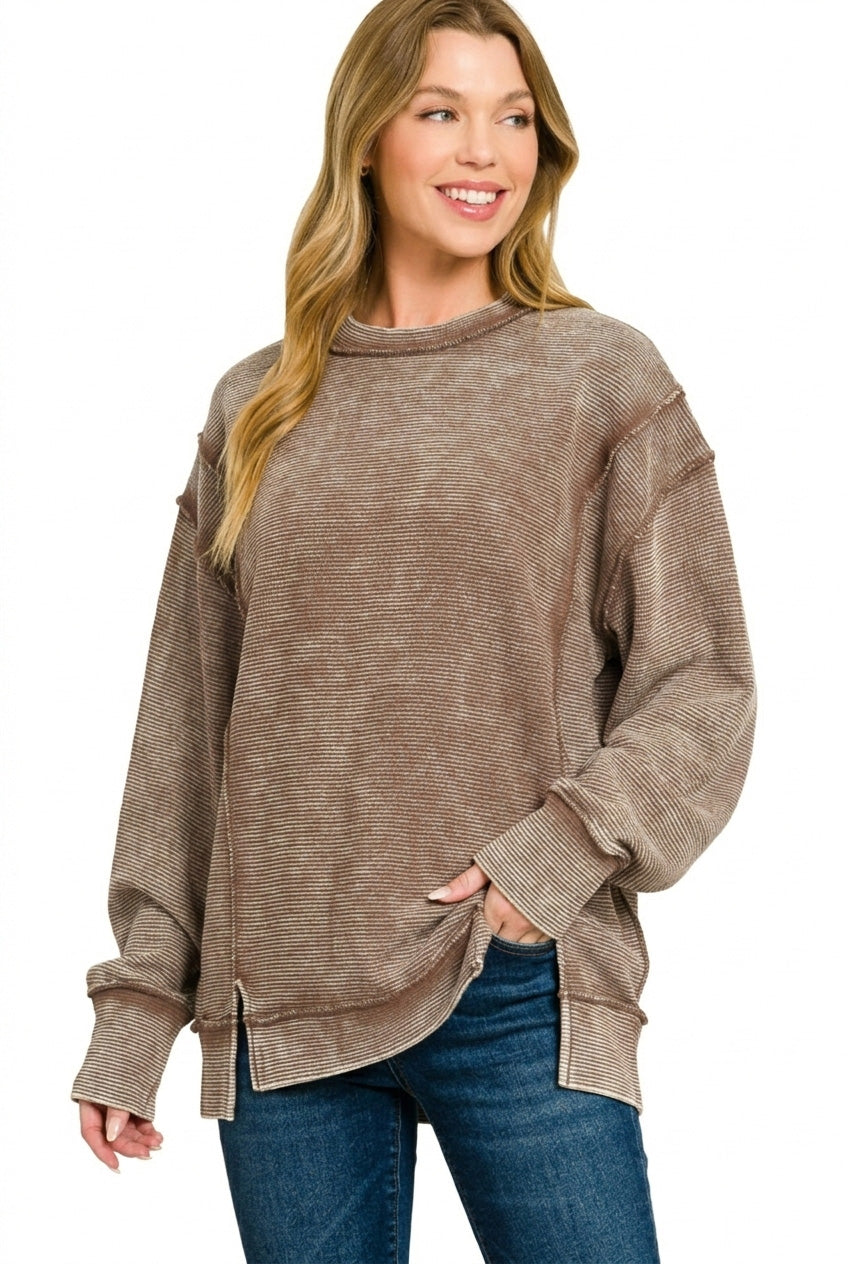 Zenana Acid Washed Double Ribbed Exposed Seam Sweatshirt in Brown