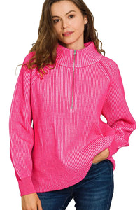 Zenana Ribbed Two Tone Half Zip Sweater in Hot Pink/Candy Pink