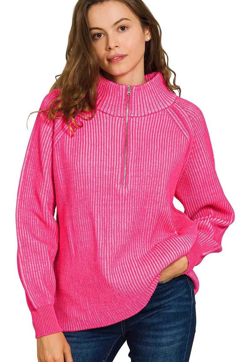 Zenana Ribbed Two Tone Half Zip Sweater in Hot Pink/Candy Pink