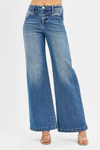 Risen High Rise Front Yoke Wide Leg Jeans w/ Heart Pockets