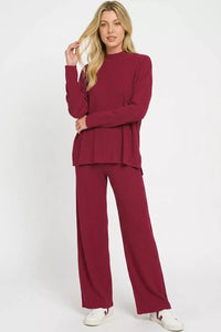 Zenana Viscose Sweater Knit Top & Pants Two-Piece Set in Cabernet
