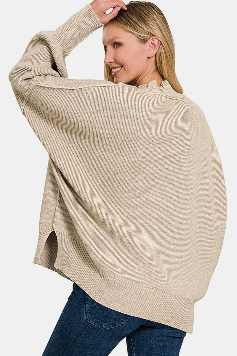 Slouchy Side Slit Oversized Sweater - Beige