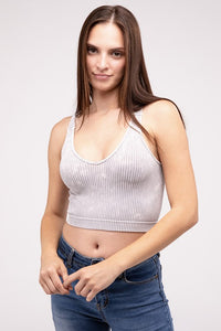 Mineral Wash Ribbed Cropped V-Neck Tank Top